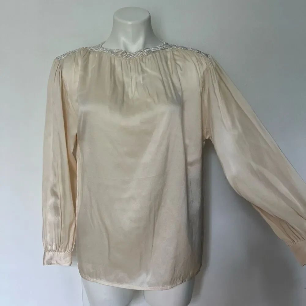 Lord & Taylor Vintage Silk Pearl Embellished button back long sleeve top bridal